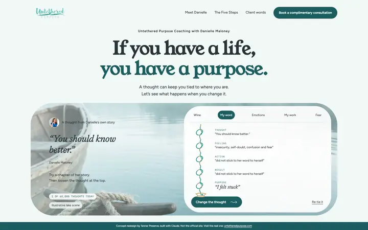 The homepage of the concept for Untethered Purpose Coaching